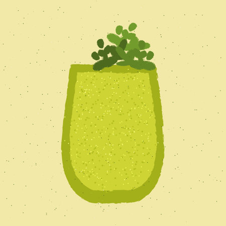 Tumbler glass. Cocktail drink with greens and parsley. Soft alcoholic liquid for event and party. Smoothie green for health. Alcoholic beverage for bar. Flat vector illustration with textureのイラスト素材