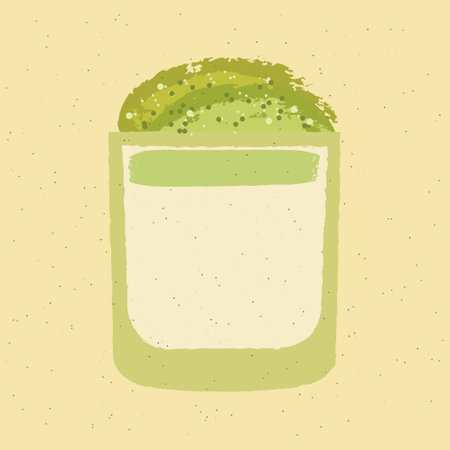 Tumbler glass. Smoothie with nuts, milk and greens for health. Green milk cocktail alcoholic drink for bar. Soft alcohol liquid for event and party. Flat vector illustration with textureのイラスト素材