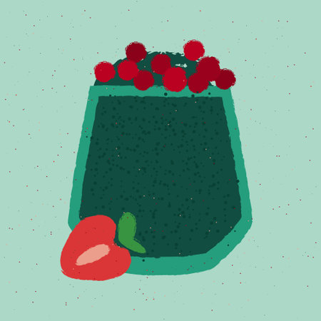 Tumbler glass. Smoothie with berries, strawberries and greens for health. Green cocktail alcoholic drink for bar. Soft alcohol liquid for event and party. Healthy beverage. Flat vector illustration with textureのイラスト素材