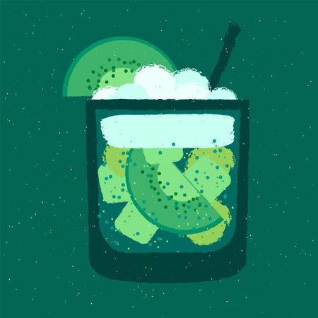 Green cocktail with kiwi, grapes and berries. Alcohol drink for bar. Cold soft liquid with ice cubes. Tumbler glass. Non-alcoholic beverage. Flat vector illustration with textureのイラスト素材