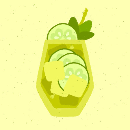 Green cocktail with cucumber slices and mint. Detox drink. Alcohol drink for bar. Cold soft liquid with ice cubes. Tumbler glass. Non-alcoholic beverage. Flat vector illustration with textureのイラスト素材