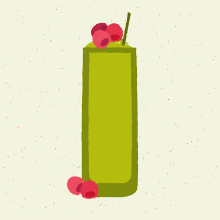 Green cocktail with raspberries. Smoothie in high glass. Fresh greens. Alcohol drink for bar. Cold soft liquid in tall glass. Non-alcoholic beverage. Flat vector illustration with textureのイラスト素材