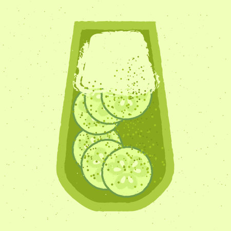Green cocktail with whipped food, cucumber. Carbonated drink in high glass. Alcohol drink for bar. Cold soft liquid in tall glass. Non-alcoholic beverage. Flat vector illustration with textureのイラスト素材