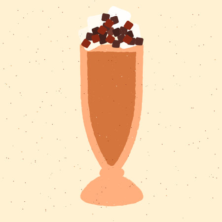 Coffee cocktail with cream and chocolate. Cappuccino in glass. Coffee in hurricane glass. Milkshake. Alcohol drink for bar. Flat vector illustration with textureのイラスト素材