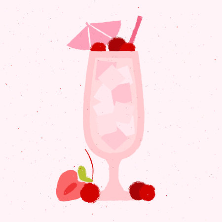 Cocktail with cherries, strawberries, umbrella. Pina colada in hurricane glass. Milkshakeのイラスト素材