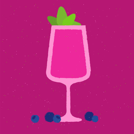 Pink cocktail with mint, blueberries. Lemonade in stemware glass. Fruit smoothie. Milkshake. Alcohol drink for bar. Non-alcoholic beverage. Flat vector illustration with textureのイラスト素材