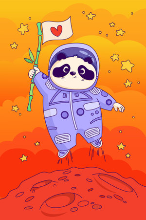 Cartoon panda in space. Panda with a bamboo flag in his hands jumps over the planet. Animals flying in space. Vector flat illustration for kids. Cute astronaut bear image. Space themeのイラスト素材