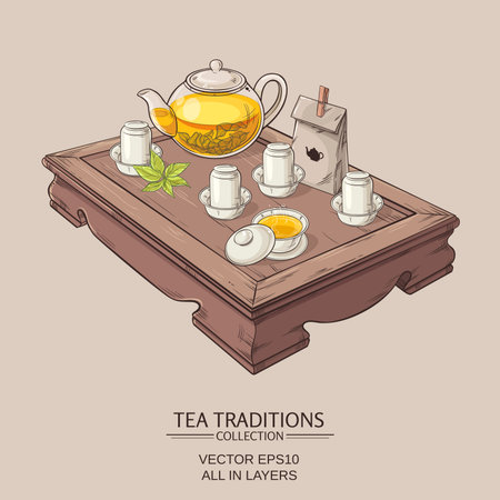 Tea table with teapot, tea pairs, gaiwan, and tea leavesのイラスト素材