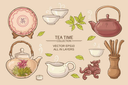Tea ceremony vector set on color backgroundのイラスト素材