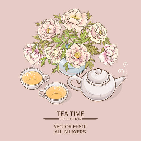 Illustration with cups, teapot and peonies  on color backgroundのイラスト素材