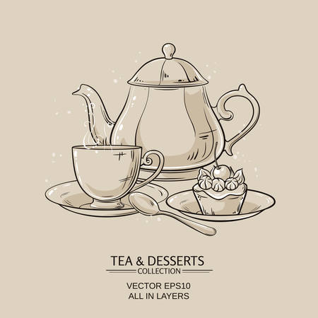 Illustration with cup of tea, teapot and dessert on brown backgroundのイラスト素材