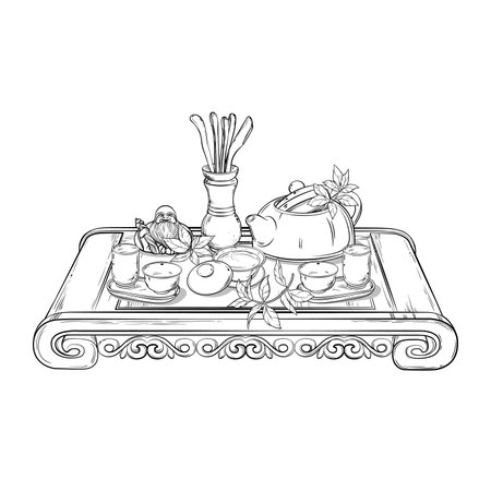 Tea Ceremony Vector isolated Outline Illustrationのイラスト素材