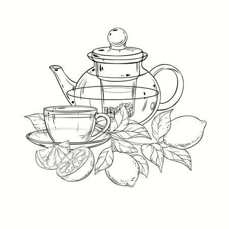 Cup of Lemon Tea Outline Illustration.のイラスト素材