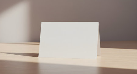 Business card mockup on wooden table. Blank white card design template, Vacation notice, or branding presentationの素材