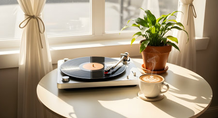 Vintage turntable with vinyl record, cup of coffee and plant on table, Morning Meditation, calm and peaceful backdropの素材