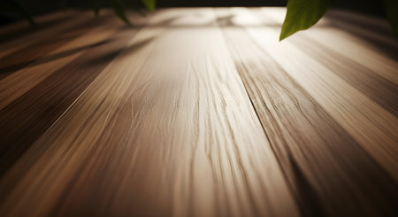 Wooden Floor Surface with Natural Shadows, Cozy Interior Background with Warm Sunlightの素材