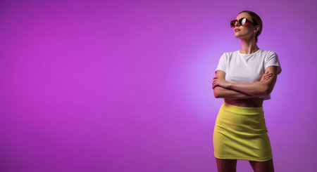 Confident Woman Looking Left, Fashion Beauty Sale and Online Shopping Promotion on Purple Background, Black Friday, Year-end Saleの素材