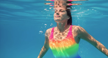 Swimming Woman in Neon Bikini Underwater, Summer Pool Scene with Healing and Emotional Vibesの素材