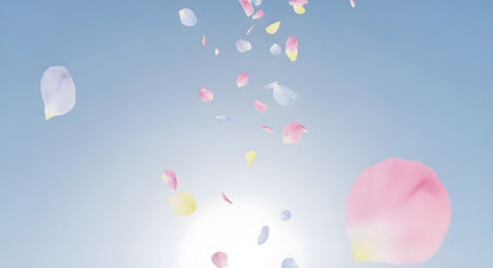 Sakura petals fall to the floor, The background is blue sky with flowersの素材