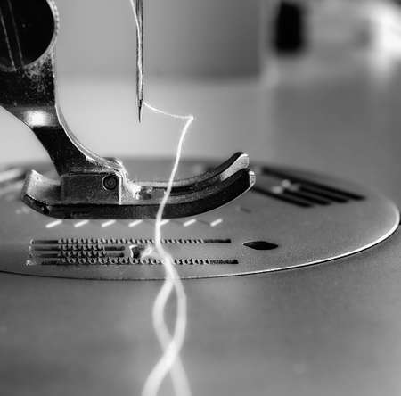 A white thread hanging from a sewing machine needleの写真素材