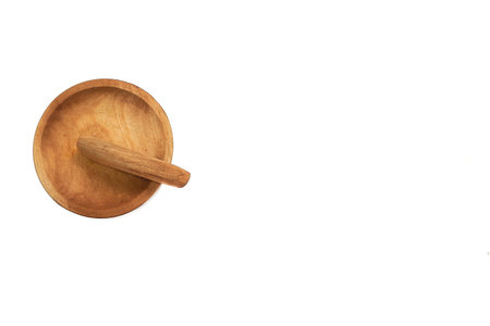 flat lay wood Wooden pepper mill and bowl isolated on white background with space for text, top viewの写真素材