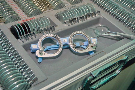 Optometrist trial frame close- up, test vision equipment.
