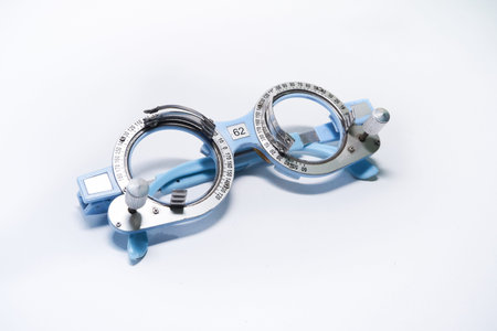 Optometrist trial frame close- up, test vision equipment.