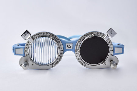 Optometrist medical equipment tools on trial frame test, Equipment tool for test vision exam...