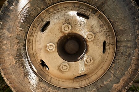 closeup of Dirty truck tire on the parking areaの写真素材