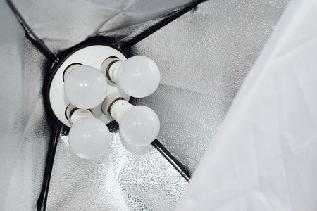 closeup view of studio light bulb on softbox.