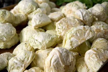 Cabbage in the market, close-up. Vegetable background