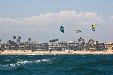 Kite surfers off the shore of Long Beach, California