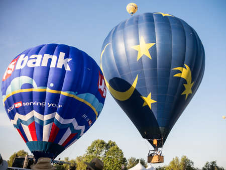 Colorful hot air balloons in flight over wine country at the Temecula Balloon and Wine Festivalのeditorial素材