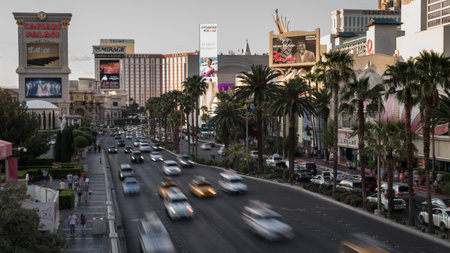 Las Vegas, Nevada USA -  April 2014. Fast moving cars in motion blur along the Las Vegas Strip