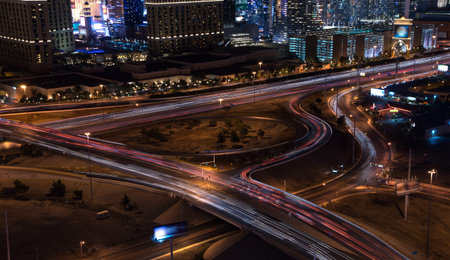 Las Vegas, Nevada, USA - March 2015.  Urban traffic at night with vehicle lights in motion blur
