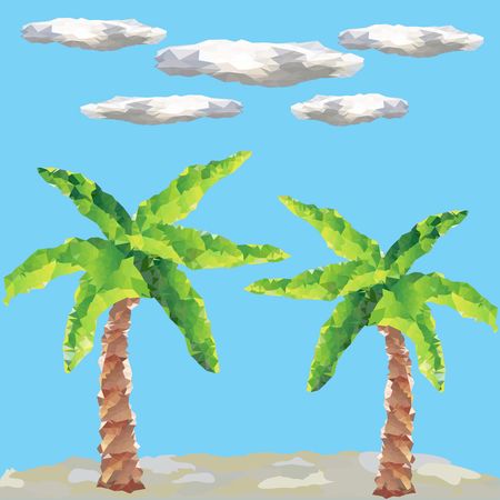Vector polygon palm trees  on landscape. Clouds in backgroundのイラスト素材