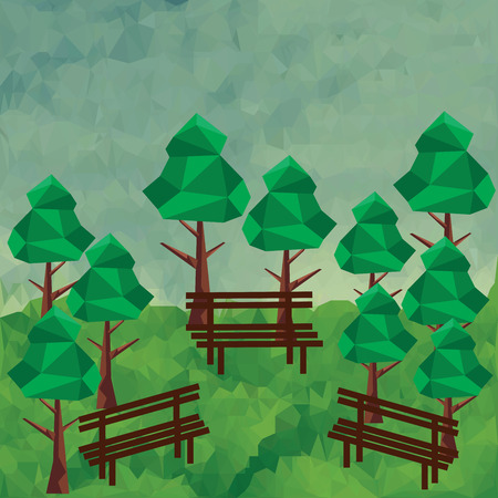Polygon landscape with trees and benchのイラスト素材