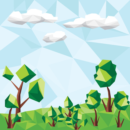 Vector green tree and clouds graphic polygonのイラスト素材