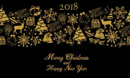 Christmas and New Years elements with text. Vector seamless pattern on black background.のイラスト素材