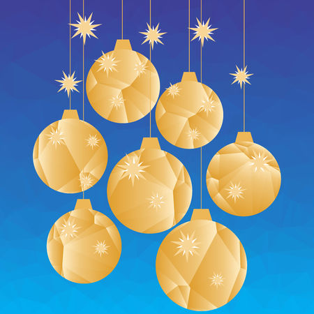 Golden polygonal Christmas balls and stars on blue background consisting of triangles.のイラスト素材