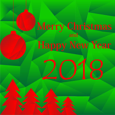 Merry Christmas and Happy new year 2018. Vector greeting card design with abstract green polygonal background.のイラスト素材