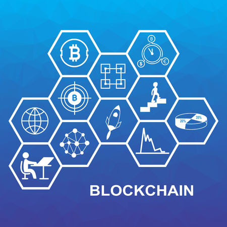 Vector illustration of blockchain concept with low poly background. Connected hexagonal shapes.のイラスト素材