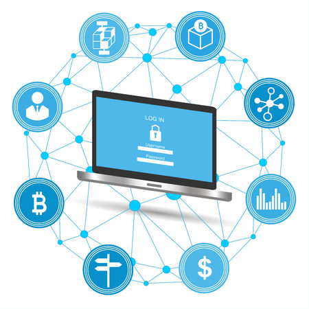 Block chain Security concept. Laptop with security protection and icons for web. Internet security.のイラスト素材