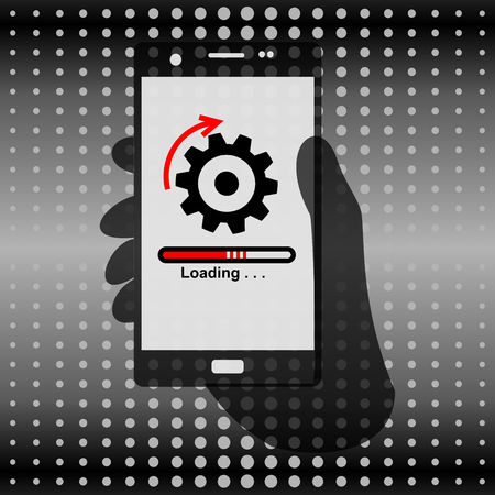 Hand Holding Phone for Business Communication. Icon Loading on the screen. Vector Illustration isolated for graphic and web design.のイラスト素材