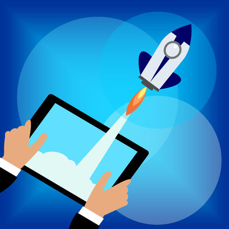 Businessman holding a tablet with a rocket.Concept of Start up. Flat design, vector illustration.のイラスト素材