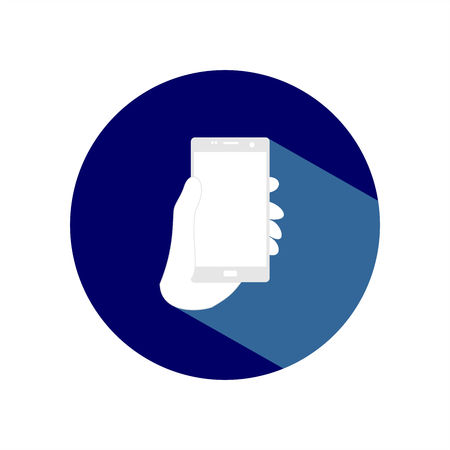 Hand Holding Phone Icon for Business Communication with long shadow. Vector Illustration isolated for graphic and web design.のイラスト素材