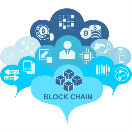 Blockchain vector background illustration with clouds and icons. Blockchain concept.のイラスト素材