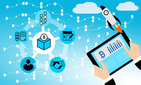 Block chain vector background illustration with businessman holding a tablet.