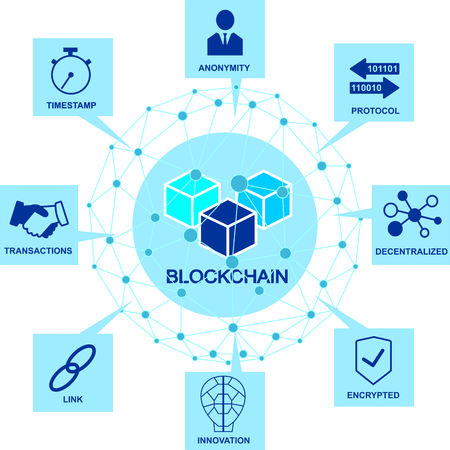 Block chain concept. Abstract network connection. Design background and info graphic. Vector graphic illustration.のイラスト素材