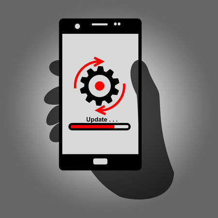Hand Holding Phone for Business Communication. Icon Update on the screen. Vector Illustration isolated for graphic and web design.のイラスト素材